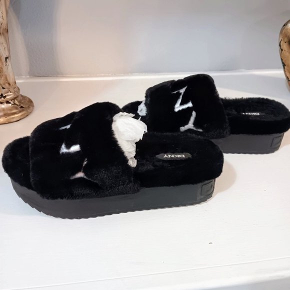 DKNY Black and White Furry Slippers - Picture 3 of 6